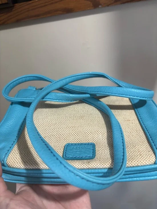 Fossil Blue Leather Cream Canvas Crossbody Shoulder Bag Purse Gold Hardware - Picture 6 of 9